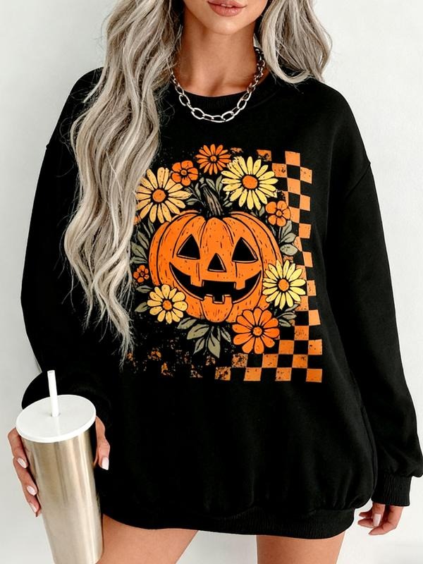 Women's Halloween Pumpkin Print Hoodie, Casual Fitted Round Neck Sweatshirt, Fall & Winter Thick Fabric Pullover for...