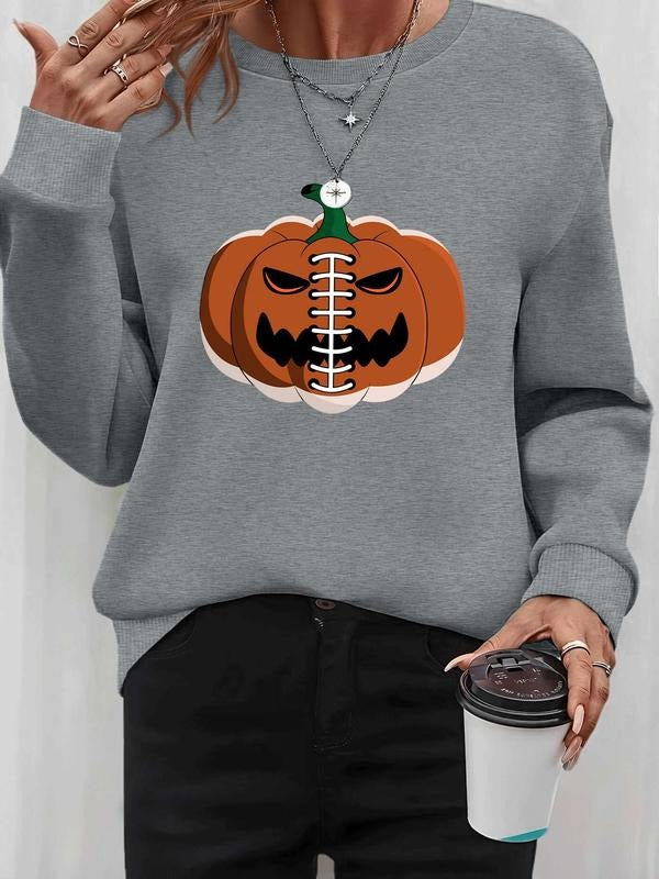 Women's Halloween Pumpkin Print Long Sleeve Round Neck Pullover Sweatshirt, Casual Fitted Kint Fabric for Fall & Winter...