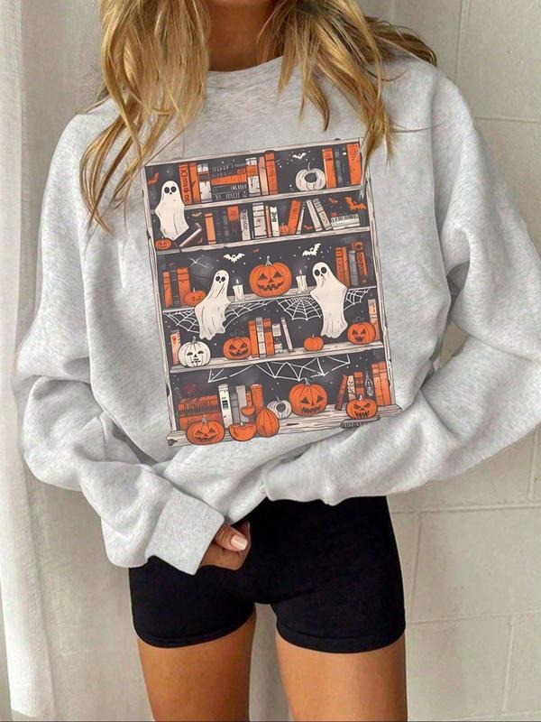 Women's Halloween Pumpkin Print Sweatshirt, Casual Fall Long Sleeve Pullover, Fitted Round Neck Top, Fashionable Autumn...