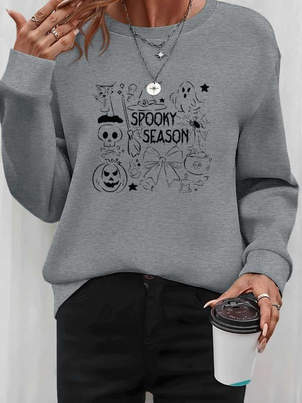 Women's Halloween Pumpkin Skull Bow Letter Print Long Sleeve Round Neck Pullover Sweatshirt, Casual Fall & Winter...