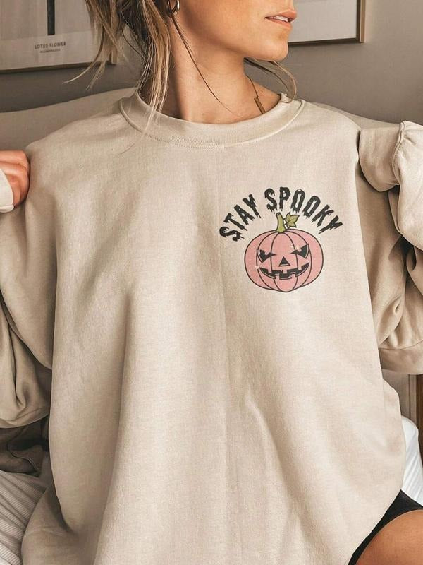 Women's Halloween Pumpkin Slogan Oversized Long Sleeve Sweatshirt, Casual Fall & Winter Clothing, Comfortable Daily Wear...