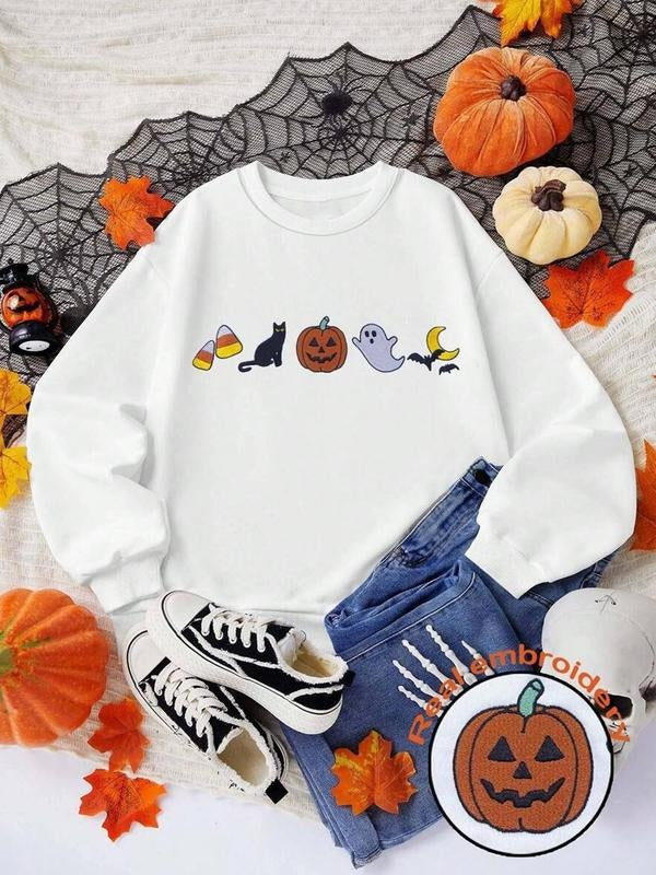 Women's Halloween Pumpkin Slogan Oversized Long Sleeve Sweatshirt, Casual Fall & Winter Clothing, Comfortable Daily Wear...