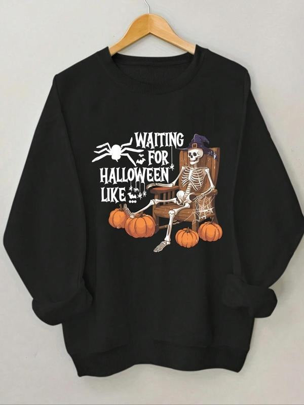 Women's Halloween Skeleton & Pumpkin Print Round Neck Sweatshirt, Casual Long Sleeve Crew Neck Pullover for Spring &...