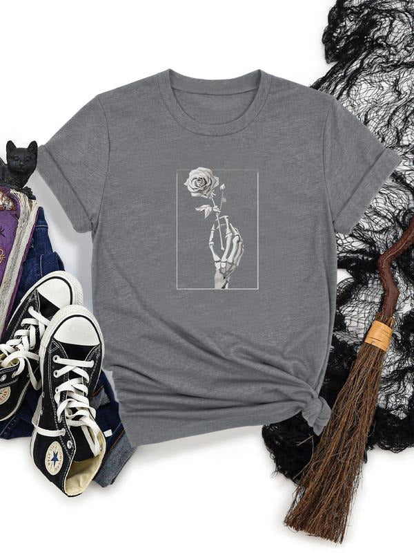 Women's Halloween Skull Floral Print Round Neck Short Sleeve T-Shirt, Soft Comfortable Fabric, Casual Style, All Seasons...