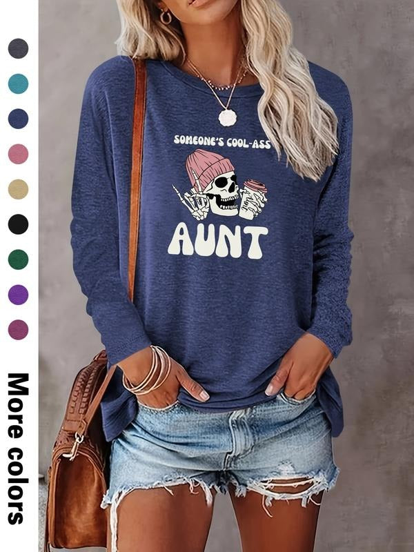 Women's Halloween Skull Letter Print Long Sleeve Casual Fitted T-Shirt, Comfortable Fabric, Available in 9 Colors style...