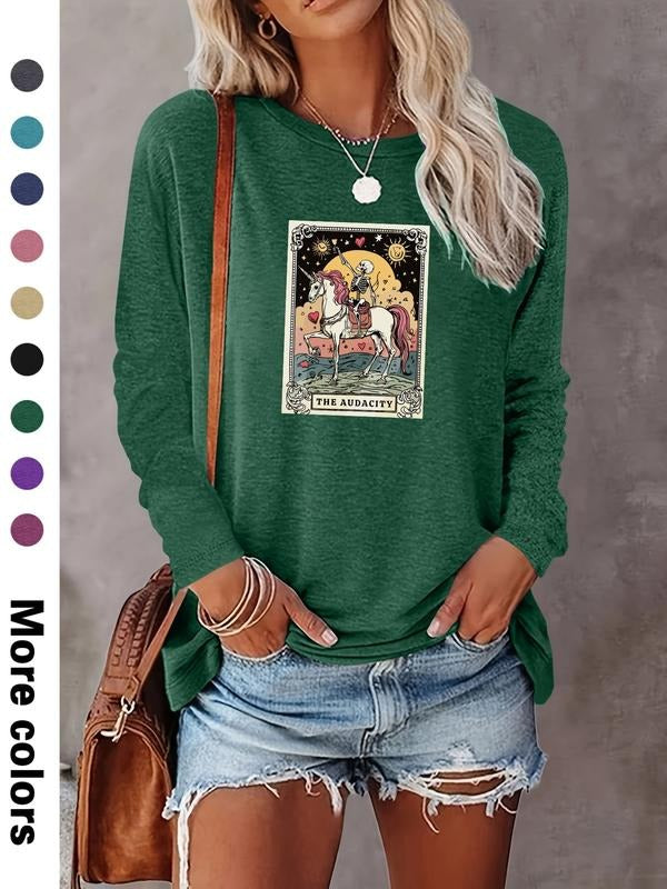 Women's Halloween Skull Letter Print Long Sleeve Casual Fitted T-Shirt, Comfortable Fabric, Available in 9 Colors style...