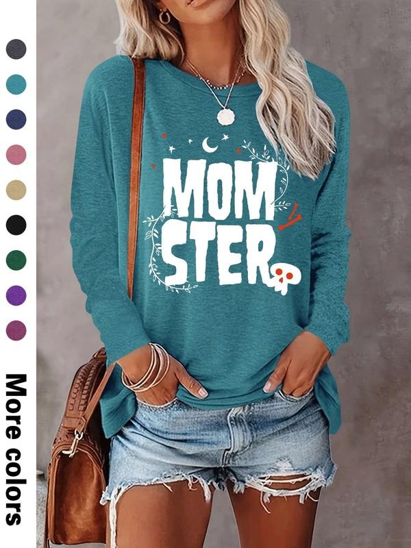 Women's Halloween Skull Letter Print Long Sleeve Casual Fitted T-Shirt, Comfortable Fabric, Available in 9 Colors, All...