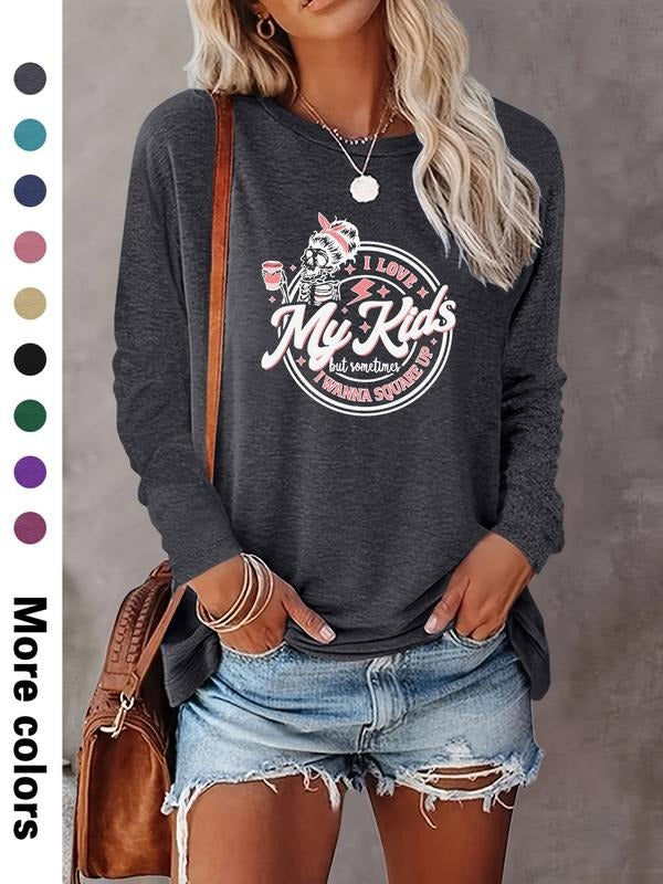 Women's Halloween Skull Letter Print Long Sleeve Casual Fitted T-Shirt, Comfortable Fabric, Available in 9 Colors, All...