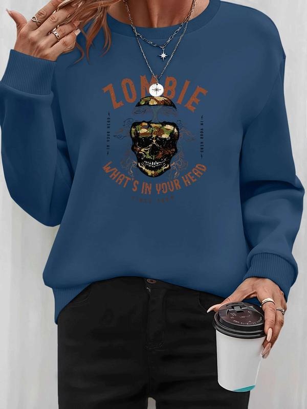 Women's Halloween Skull Letter Print Long Sleeve Round Neck Pullover Sweatshirt, Casual Fitted Design, Available in 9...