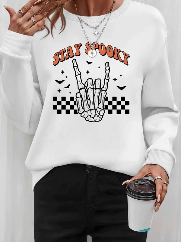 Women's Halloween Skull Letter Print Long Sleeve Round Neck Pullover Sweatshirt, Casual Fitted Design, Fall & Winter...