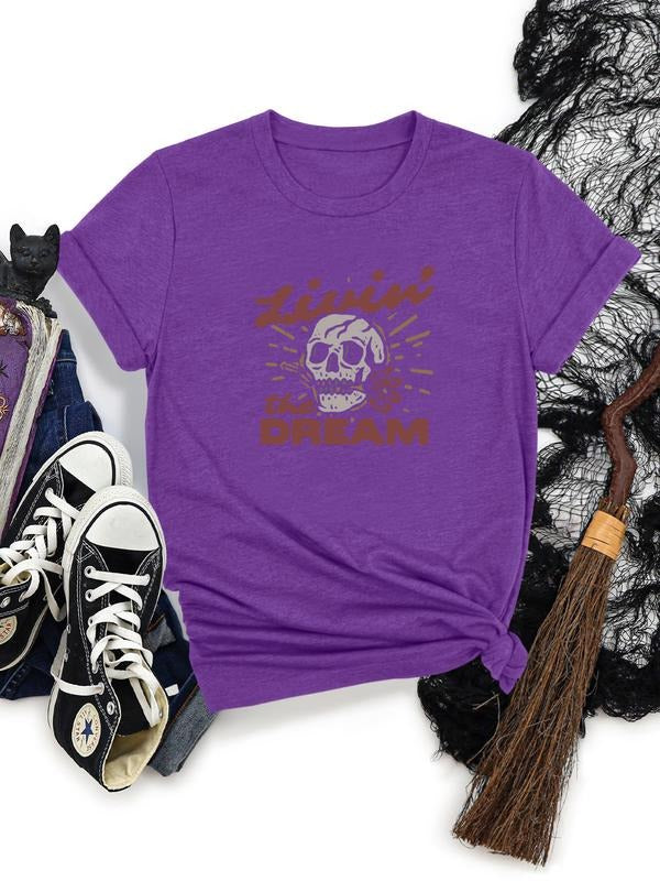Women's Halloween Skull Letter Print Round Neck Short Sleeve T-Shirt, Soft Comfortable Fabric, Available in 8 Colors...