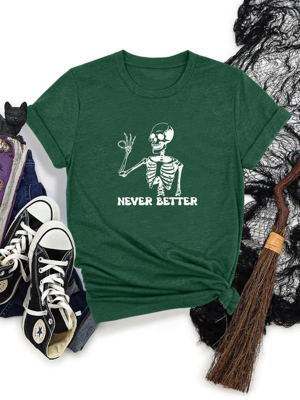 Women's Halloween Skull Letter Print Round Neck Short Sleeve T-Shirt, Soft Comfortable Fabric, Casual Fitted Top, 11...