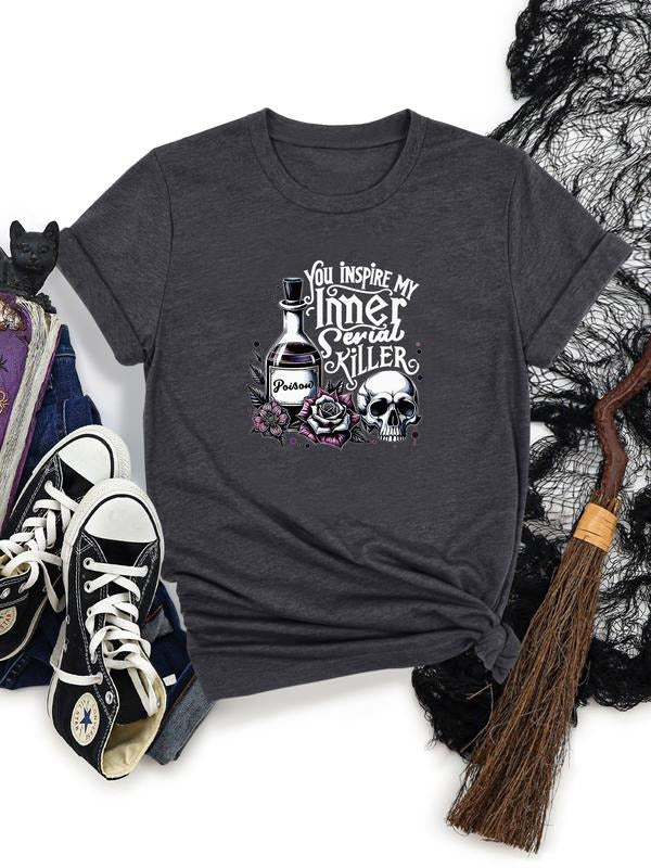 Women's Halloween Skull Letter Print Round Neck Short Sleeve T-Shirt, Soft Comfortable Fabric, Casual Style, All Seasons...