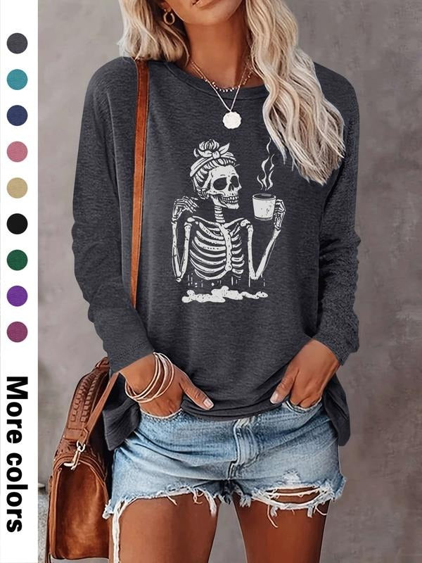 Women's Halloween Skull Print Long Sleeve Casual Fitted T-Shirt, Comfortable Fabric, Available in 9 Colors, All Seasons...