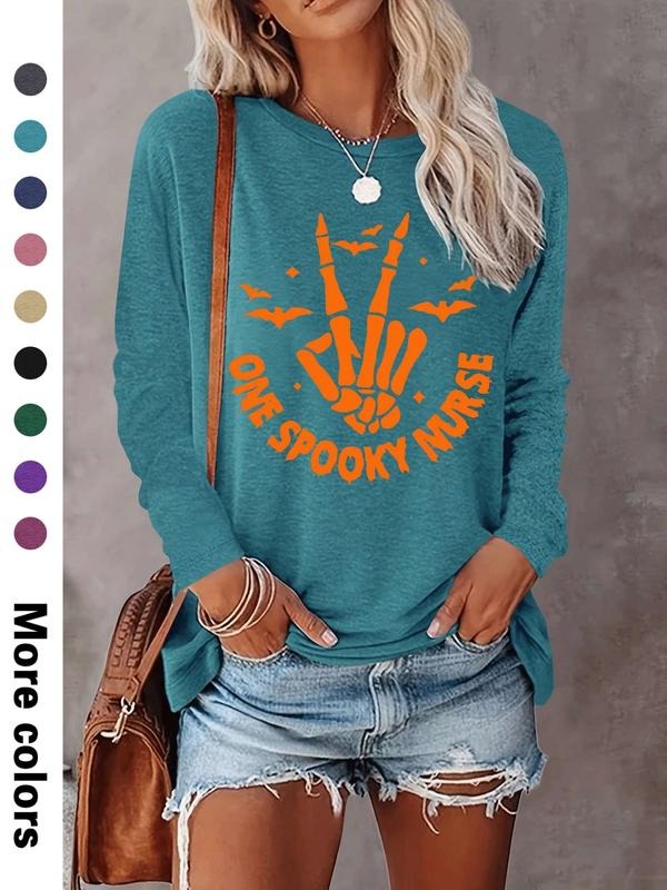 Women's Halloween Skull Print Long Sleeve Casual Fitted T-Shirt, Comfortable Fabric, Available in 9 Colors, All Seasons...