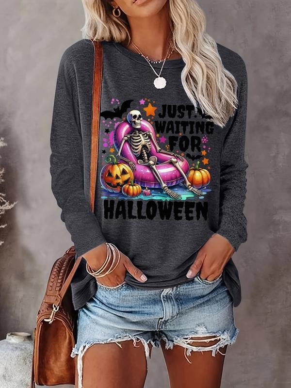 Women's Halloween Skull Print Long Sleeve Round Neck T-Shirt, Soft Comfortable Fabric, Casual Fitted Top, Available in 6...