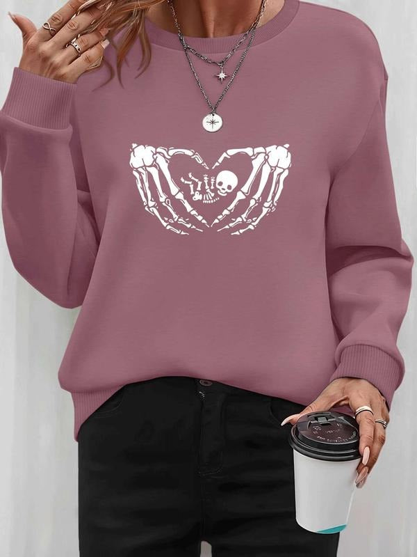 Women's Halloween Skull Print Pullover Sweatshirt, Casual Long Sleeve Fitted Top for Spring & Fall, Available in 6 Colors...