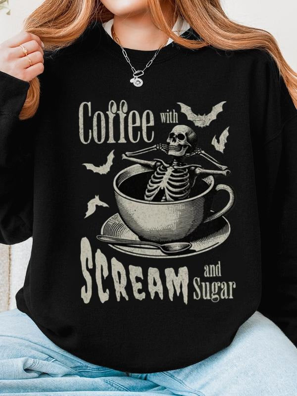 Women's Halloween Skull Print Pullover Sweatshirt, Casual Round Neck Fitted Jumper, Thick Fabric Fall & Winter Fashion...