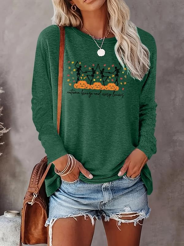 Women's Halloween Skull Pumpkin Print Long Sleeve Casual Fitted T-Shirt, Comfortable Fabric, Available in 8 Colors...
