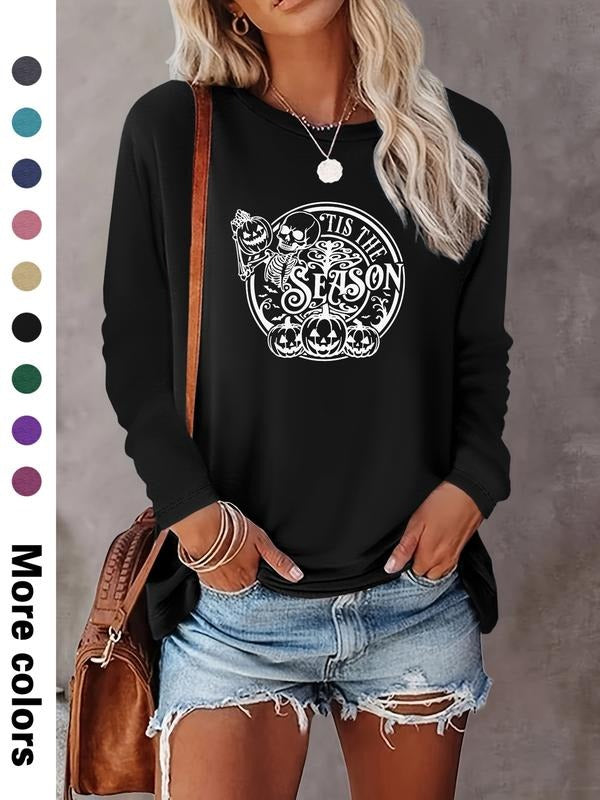 Women's Halloween Skull Pumpkin Print Long Sleeve Casual Fitted T-Shirt, Comfortable Fabric, Available in 9 Colors style...