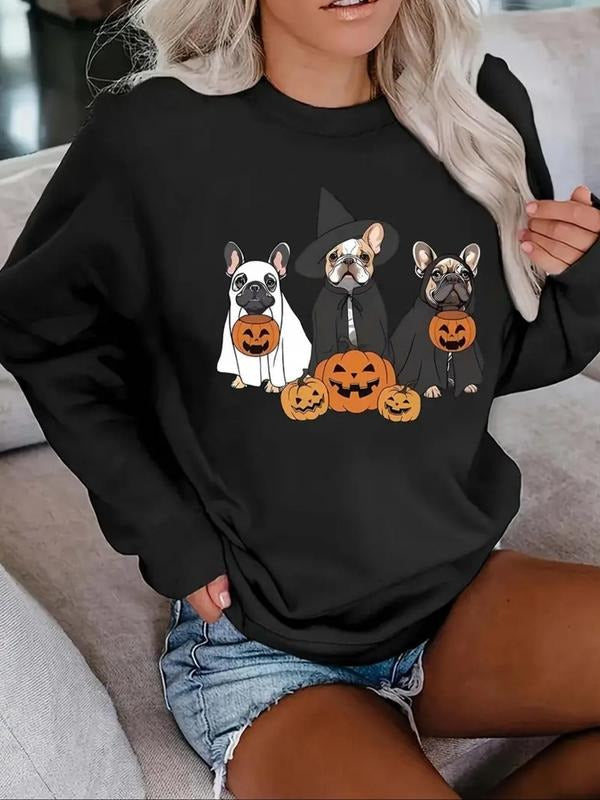 Women's Halloween Themed Cartoon Dog & Pumpkin Print Drop Shoulder Sweatshirt, Casual Long Sleeve Round Neck Pullover for...
