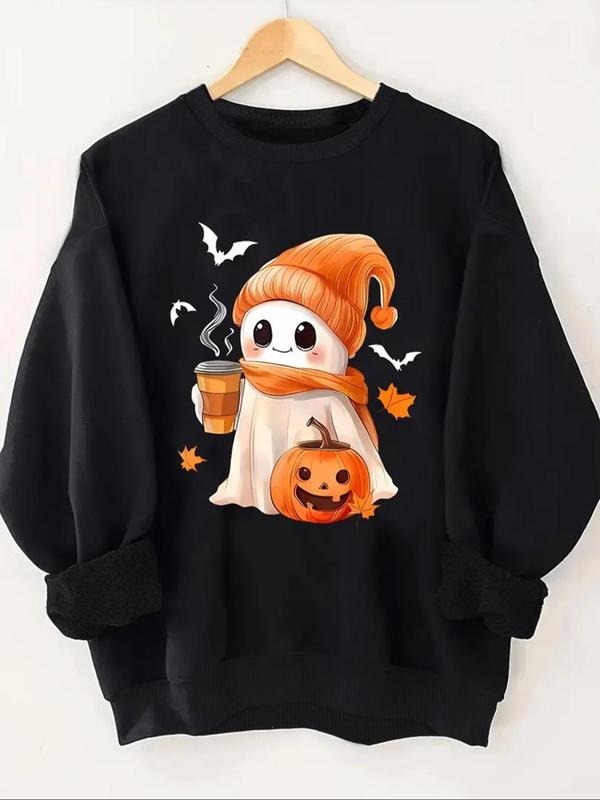 Women's Halloween Themed Cartoon Ghost Print Crew Neck Sweatshirt, Casual Long Sleeve Pullover for Daily Wear, Ladies...