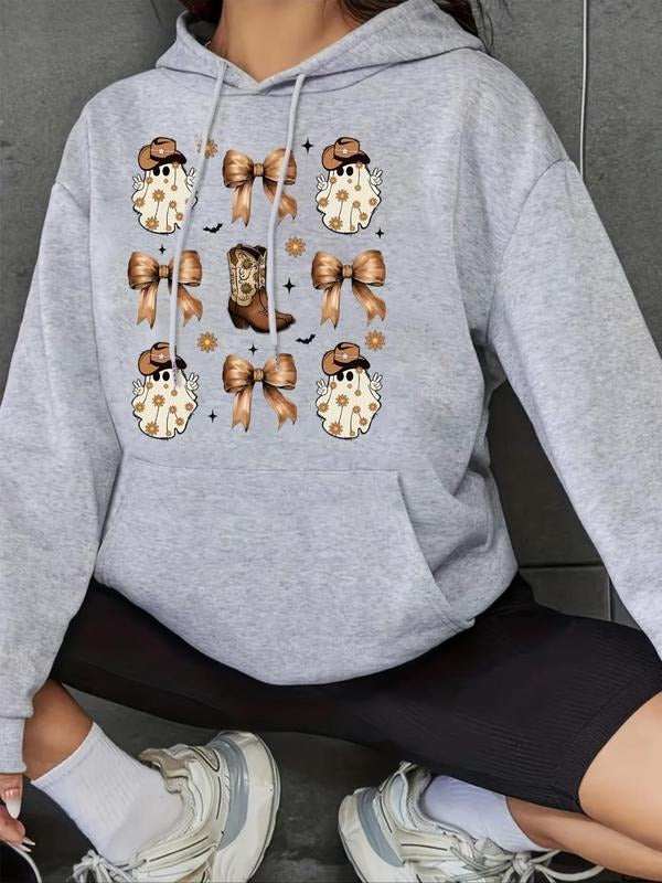 Women's Halloween Themed Cartoon Ghost Print Drop Shoulder Hoodie, Fashion Casual Drawstring Pocket Hooded Sweatshirt for...