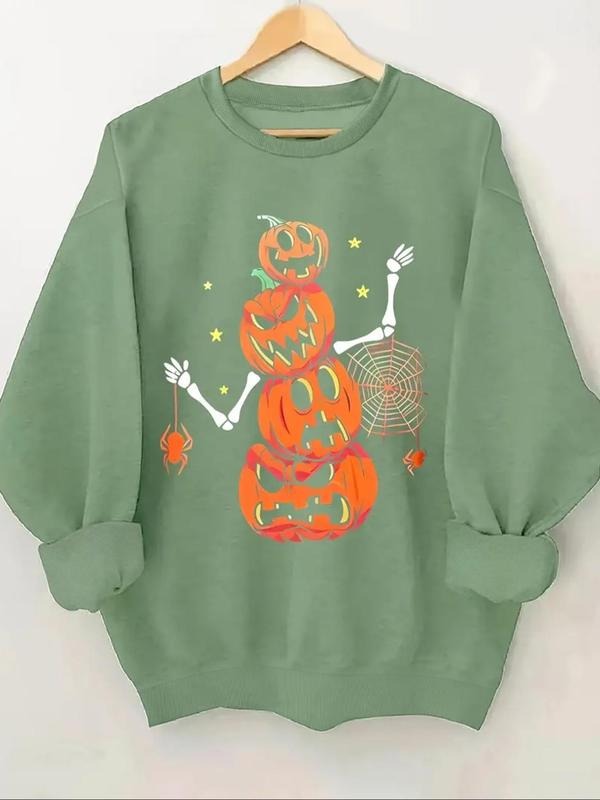 Women's Halloween Themed Cartoon Pumpkin Print Crew Neck Sweatshirt, Casual Long Sleeve Pullover for Daily Wear, Ladies...