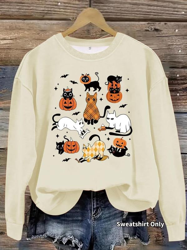 Women's Halloween Themed Cat & Pumpkin Print Crew Neck Sweatshirt, Casual Long Sleeve Pullover for Daily Wear, Ladies...