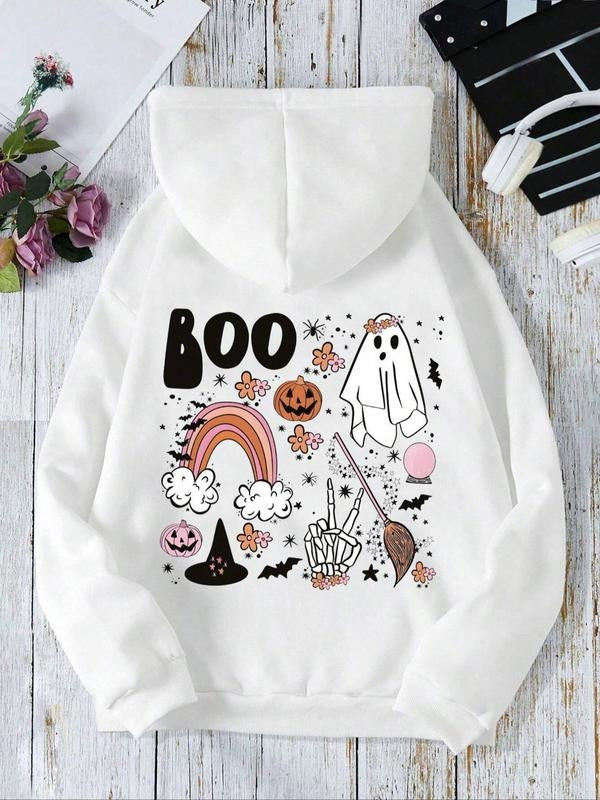 Women's Halloween Themed Ghost & Letter Print Drop Shoulder Hoodie, Fashion Casual Drawstring Pocket Hooded Sweatshirt...