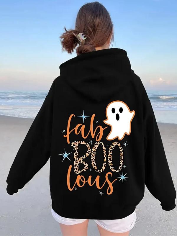 Women's Halloween Themed Ghost & Letter Print Drop Shoulder Hoodie, Fashion Casual Drawstring Pocket Hooded Sweatshirt...