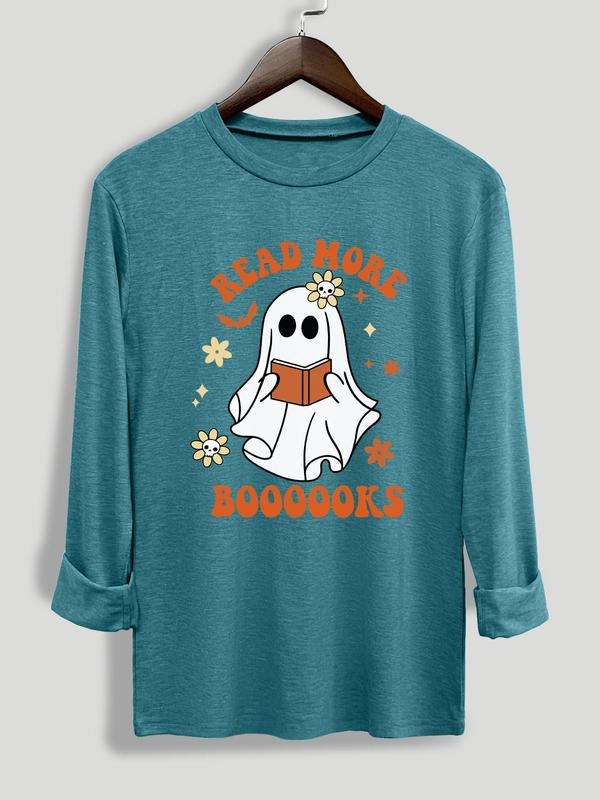Women's Halloween Themed Ghost & Letter Print Round Neck Tee, Casual Long Sleeve Crew Neck T-shirt for Daily Wear, Ladies...