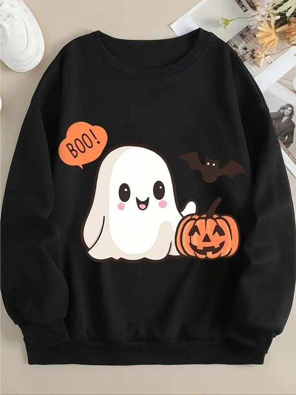 Women's Halloween Themed Ghost & Pumpkin Print Drop Shoulder Sweatshirt, Casual Long Sleeve Round Neck Pullover for Daily...