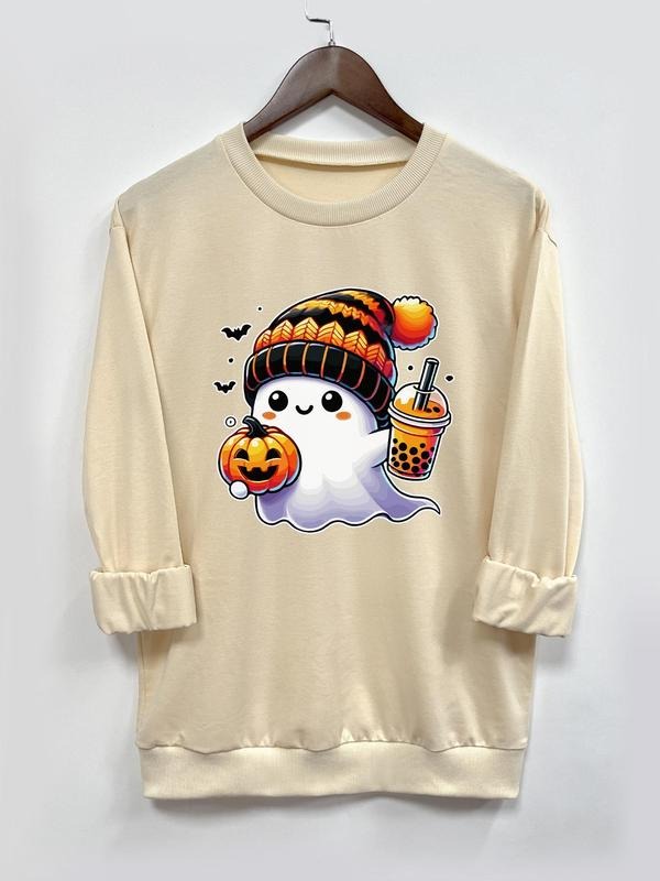 Women's Halloween Themed Ghost Print Crew Neck Sweatshirt, Casual Long Sleeve Pullover for Daily Wear, Ladies Fall &...