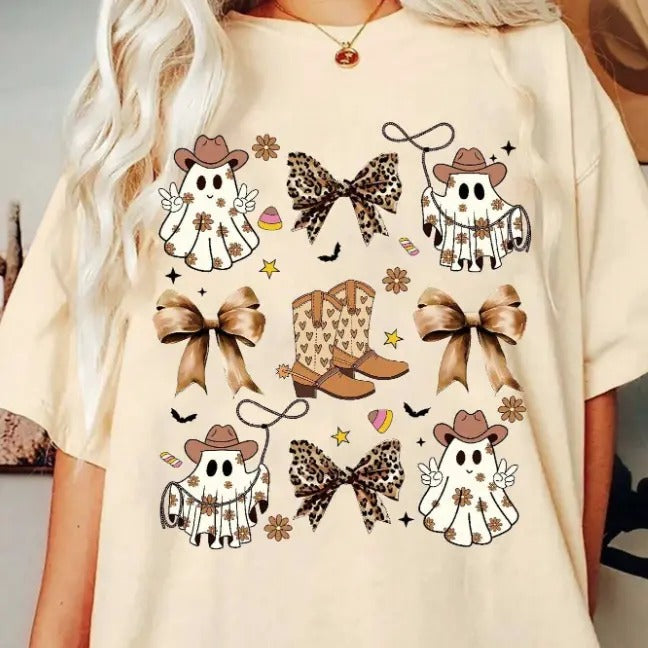 Women's Halloween Themed Ghost Print Round, Ghost Halloween Shirt Hoodie, Sweatshirt | UrbanDripWear.com