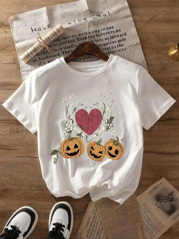 Women's Halloween Themed Heart & Pumpkin Print Tee, Fashion Casual Long Sleeve Round Neck T-Shirt for Summer, Women's Top...