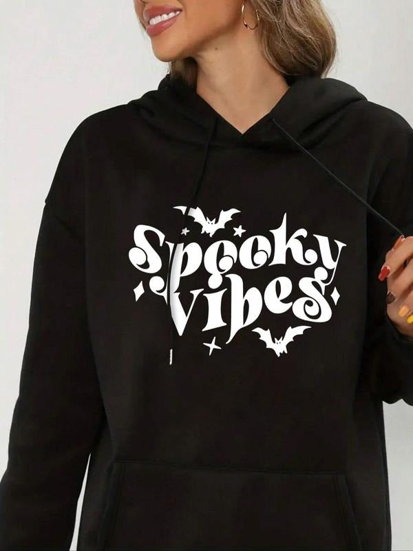 Women's Halloween Themed Letter Print Drop Shoulder Hoodie, Fashion Casual Drawstring Pocket Hooded Sweatshirt for Daily...