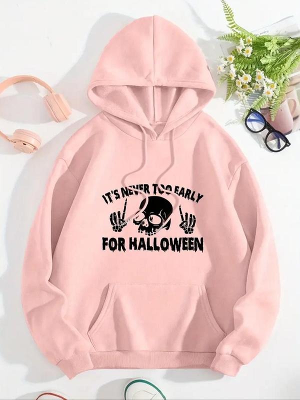 Women's Halloween Themed Letter Print Drop Shoulder Hoodie, Fashion Casual Drawstring Pocket Hooded Sweatshirt for Daily...