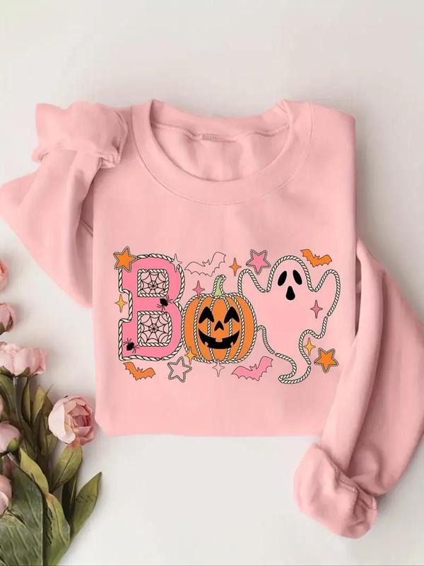 Women's Halloween Themed Letter Print Pullover, Casual Long Sleeve Crew Neck Sweatshirt for Fall & Winter, Women's...