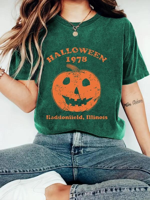 Women's Halloween Themed Letter Print Round Neck Tee, Casual Short Sleeve Crew Neck T-Shirt for Summer, Fashion Women's...
