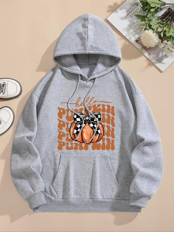 Women's Halloween Themed Letter Pumpkin Print Thermal Lined Hoodie, Fashion Casual Long Sleeve Hooded Sweatshirt for...