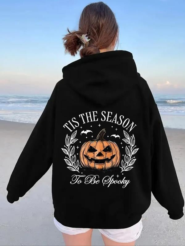 Women's Halloween Themed Pumpkin Print Drop Shoulder Hoodie, Fashion Casual Drawstring Pocket Hooded Sweatshirt for Daily...