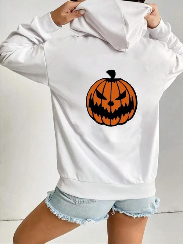 Women's Halloween Themed Pumpkin Print Drop Shoulder Hoodie, Fashion Casual Drawstring Pocket Hooded Sweatshirt for Daily...