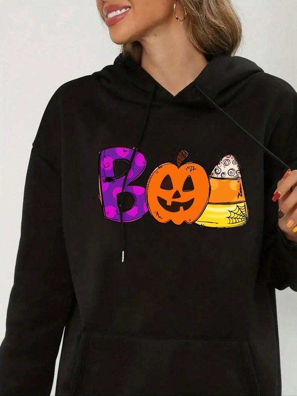 Women's Halloween Themed Pumpkin Print Drop Shoulder Hoodie, Fashion Casual Drawstring Pocket Hooded Sweatshirt for Daily...