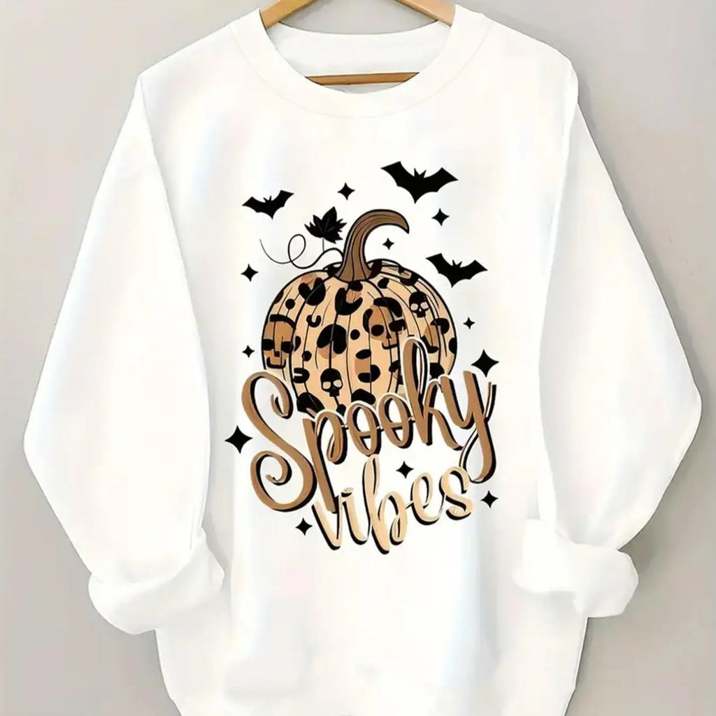 Women's Halloween Themed Pumpkin Print Drop Shoulder Sweatshirt, Casual Long Sleeve Round Neck Pullover for Daily Wear,...