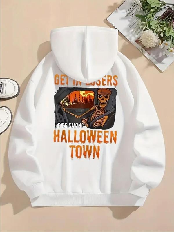 Women's Halloween Themed Skeleton & Letter Print Drop Shoulder Hoodie, Fashion Casual Drawstring Pocket Hooded Sweatshirt...