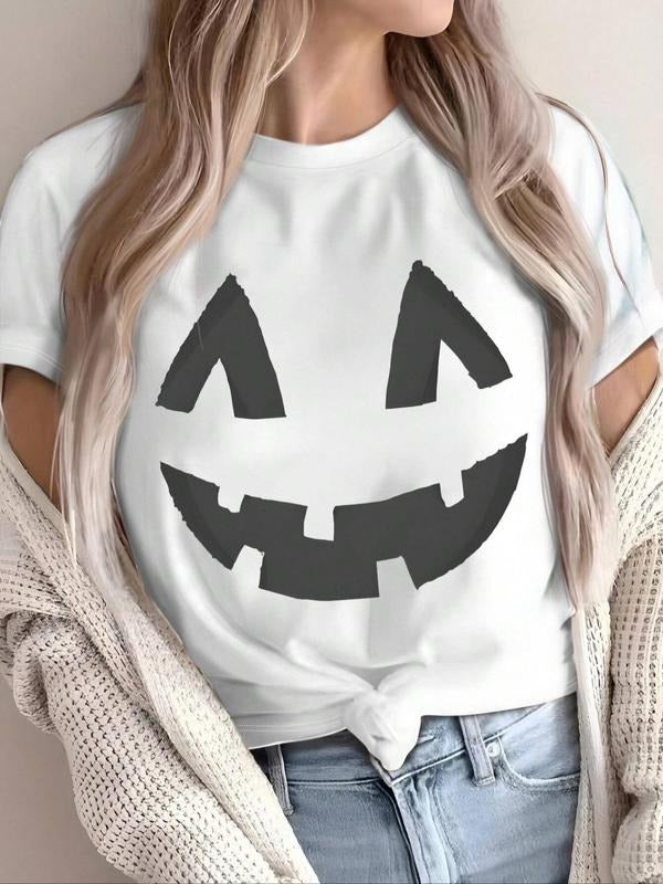 Women's Halloween Themed Smile Face Print Round Neck Tee, Casual Short Sleeve Crew Neck T-Shirt for Summer, Fashion...
