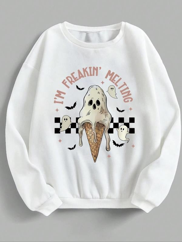 Women's Halloween Themed Sweatshirt, Casual Letter & Ghost Print Drop Shoulder Pullover, Women's Fall & Winter Clothes...