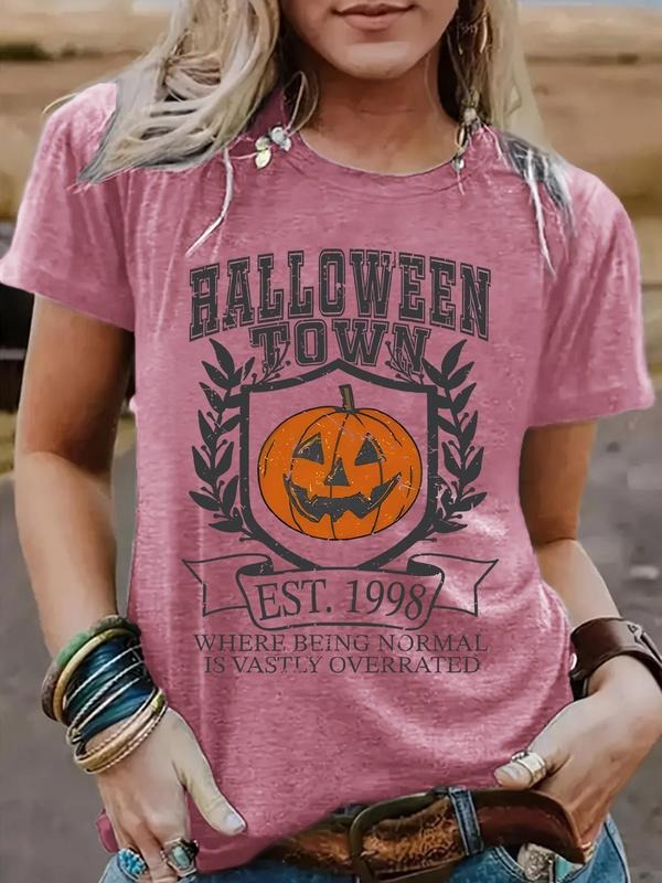 Women's Halloween Town Pumpkin Print Round Neck Tee, Vintage Trendy Casual Short Sleeve T-shirt for Daily Wear, Ladies...