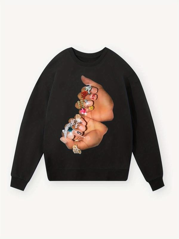 Women's Hand Gesture Print Drop Shoulder Thermal Lined Sweatshirt, Fashion Casual Crew Neck Long Sleeve Pullover for...